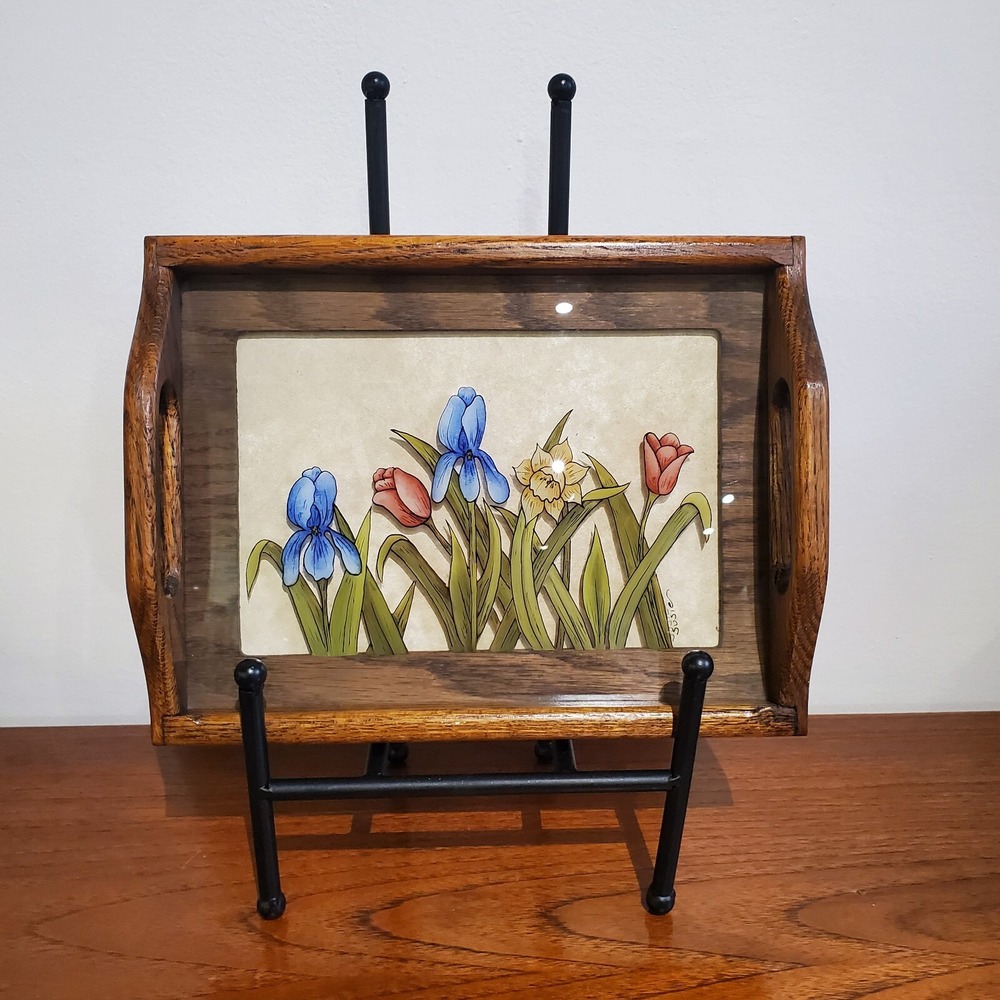 Vintage Susie Kostka Reverse-Painted Glass Wooden Serving Tray Floral Motif